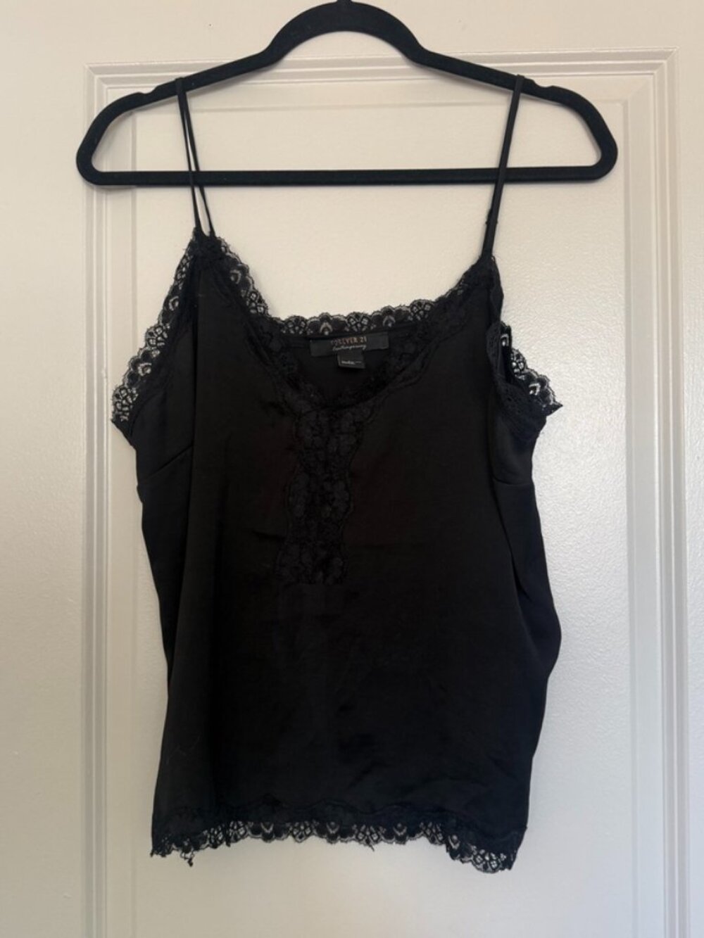 Forever 21 Contemporary Black Satin Lace Trim V-Neck Cami Tank Top Large L